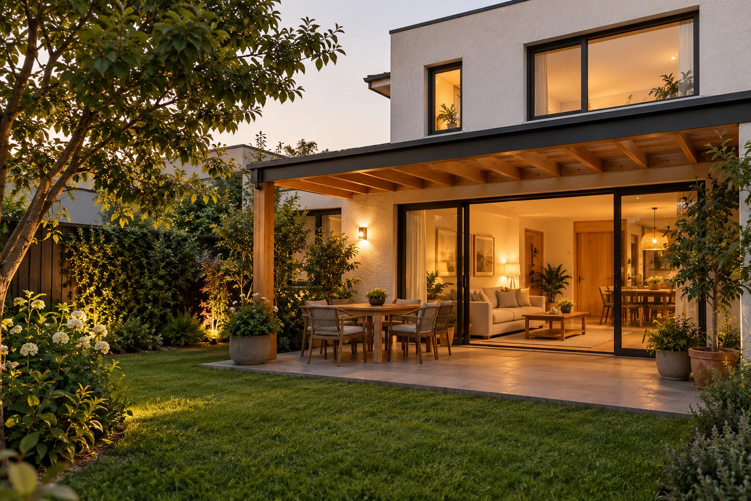 Vivienda con jardín e iluminación al atardecer